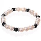 Wholesale Fashion Natural White Freshwater Pearl And Round Black Agate Beaded Elastic Bracelet With Silver Rhinestone Charms