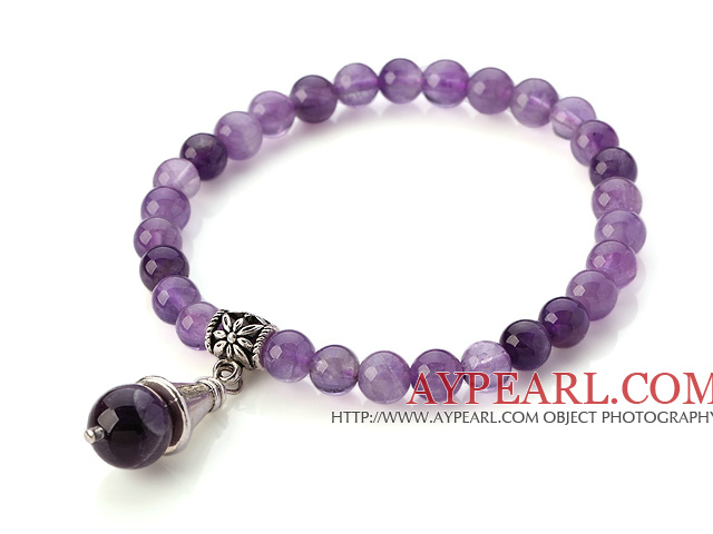 Fashion Simple Style Round Amethyst Elastic Bracelet With Tube Flower Charm Pendant