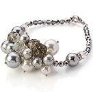 Wholesale Nice Cluster White And Gray Seashell Pearl And Manmade Crystal Bracelet With Lobster Clasp