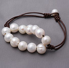 Popular Natural 10-11mm Layer White Freshwater Pearl And Brown Leather Bracelet