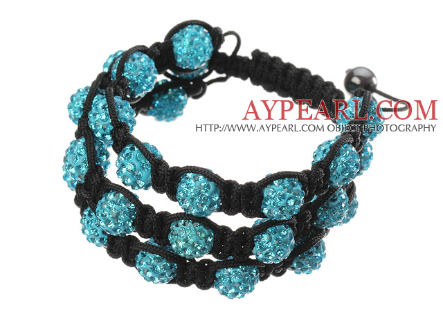 Popular Multilayer Blue Round Polymer Clay Rhinestone And Braided Black Drawstring Bracelet