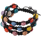Popular Multilayer Colorful Round Polymer Clay Rhinestone And Braided Black Drawstring Bracelet