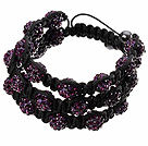 Popular Multilayer Purple Round Polymer Clay Rhinestone And Braided Black Drawstring Bracelet
