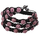 Popular Multilayer Pink Round Polymer Clay Rhinestone And Braided Black Drawstring Bracelet