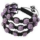 Popular Multilayer Purple Round Polymer Clay Rhinestone And Braided Black Drawstring Bracelet