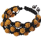 Popular Multilayer Orange Yellow Round Polymer Clay Rhinestone And Braided Black Drawstring Bracelet