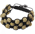Popular Multilayer Earthy Yellow Round Polymer Clay Rhinestone And Braided Black Drawstring Bracelet