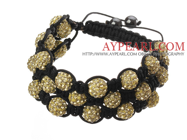Popular Multilayer Earthy Yellow Round Polymer Clay Rhinestone And Braided Black Drawstring Bracelet