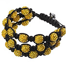 Popular Multilayer Yellow Round Polymer Clay Rhinestone And Braided Black Drawstring Bracelet