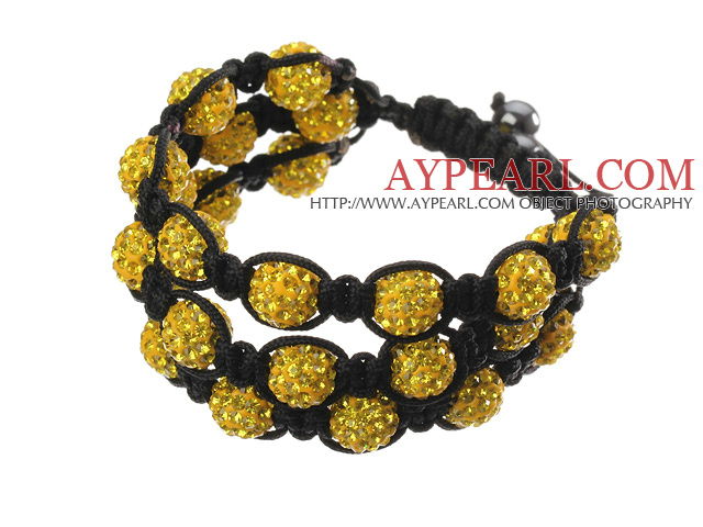 Popular Multilayer Yellow Round Polymer Clay Rhinestone And Braided Black Drawstring Bracelet