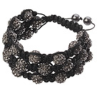 Popular Multilayer Blackish Grey Round Polymer Clay Rhinestone And Braided Black Drawstring Bracelet