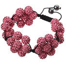 Popular Pink Round Polymer Clay Rhinestone Five Combination Flowers And Braided Black Drawstring Bracelet