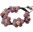 Popular Pink And Yellow Round Polymer Clay Rhinestone Five Combination Flowers And Braided Black Drawstring Bracelet