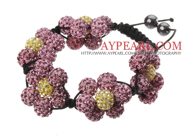 Popular Pink And Yellow Round Polymer Clay Rhinestone Five Combination Flowers And Braided Black Drawstring Bracelet
