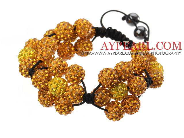 Popular Yellow Series Round Polymer Clay Rhinestone Five Combination Flowers And Braided Black Drawstring Bracelet