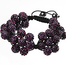 Popular Purple Round Polymer Clay Rhinestone Five Combination Flowers And Braided Black Drawstring Bracelet