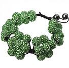 Popular Green Round Polymer Clay Rhinestone Five Combination Flowers And Braided Black Drawstring Bracelet