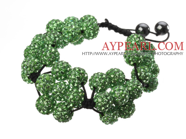 Popular Green Round Polymer Clay Rhinestone Five Combination Flowers And Braided Black Drawstring Bracelet
