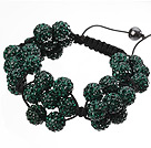 Popular Dark Green Round Polymer Clay Rhinestone Five Combination Flowers And Braided Black Drawstring Bracelet