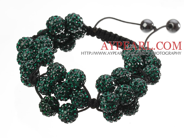 Popular Dark Green Round Polymer Clay Rhinestone Five Combination Flowers And Braided Black Drawstring Bracelet