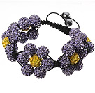 Popular Purple Yellow Round Polymer Clay Rhinestone Five Combination Flowers And Braided Black Drawstring Bracelet