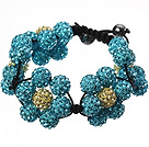Popular Blue Yellow Round Polymer Clay Rhinestone Five Combination Flowers And Braided Black Drawstring Bracelet