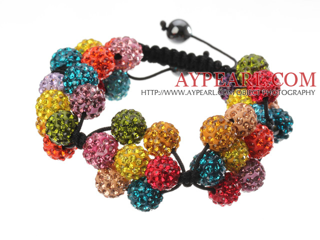 Popular Multi Colorful Round Polymer Clay Rhinestone Five Combination Flowers And Braided Black Drawstring Bracelet