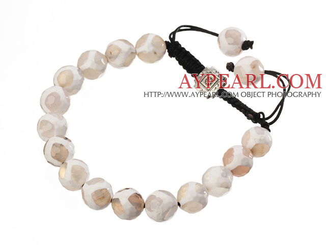 Fashion 10mm White Hand-painted Round Agate And Braided Black Drawstring Bracelet