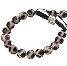 Fashion 10mm Black White Hand-painted Round Agate And Braided Black Drawstring Bracelet