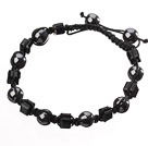 Lovely Round Black Series Tungsten Steel And Square Manmade Crystal Black Drawstring Bracelet
