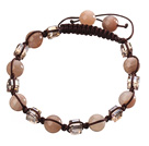 Wholesale Lovely Round Sunstone And Square Crystal Braided Brown Drawstring Bracelet