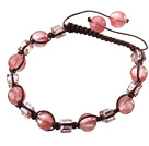 Wholesale Lovely Round Cherry Quartz And Square Crystal Brown Drawstring Bracelet