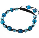 Wholesale Lovely Round Faceted Blue Agate And Square Crystal Braided Black Drawstring Bracelet