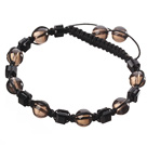 Lovely Round Smoky Quartz And Square Black Crystal Braided Black Drawstring Bracelet