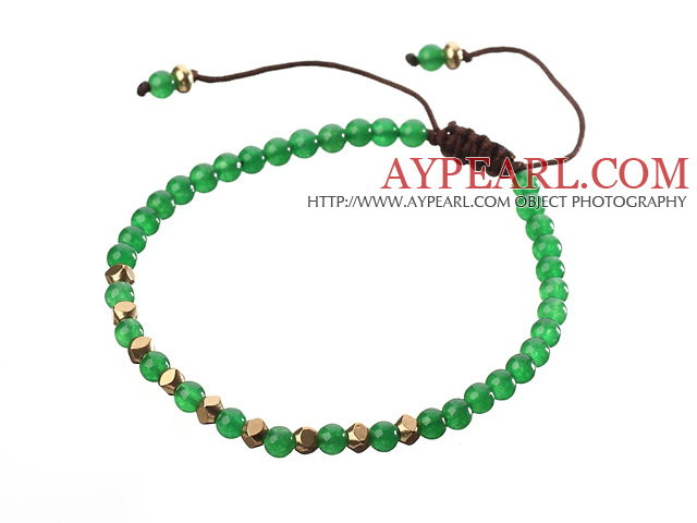 Fashion 4mm Round Green Jade And Golden Spacers Braided Brown Drawstring Bracelet