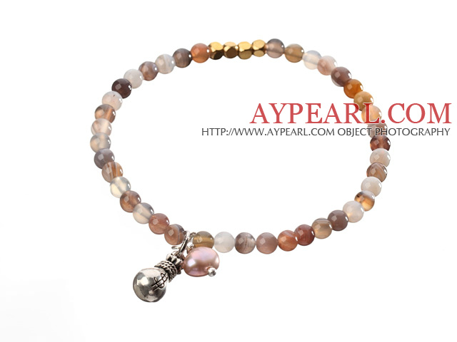 Nice Round Persian Agate And Copper Spacer Purse Charm Beaded Elastic Bracelet