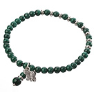 Nice Natural Round Malachite And Silver Spacer Butterfly Charm Beaded Elastic Bracelet