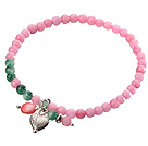 Nice Round Pink Green Jade And Heart Charm Beaded Elastic Bracelet