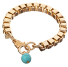 Fashion Simple Style Golden Link Charm Bracelet With Lobster Clasp And Round Blue Turquoise