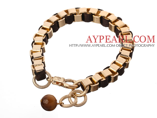 Fashion Simple Style Golden Link Charm Bracelet With Lobster Clasp And Round Jade