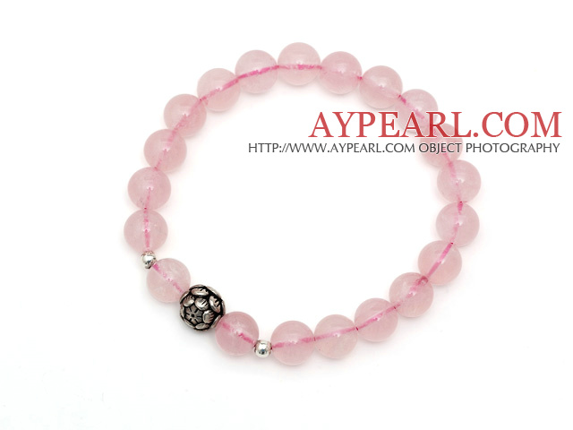 Lovely Simple Style Single Strand Round Rose Quartz Stretchy Bracelet with 925 Sterling Silver Lotus