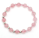Wholesale Lovely Simple Style Single Strand Round Rose Quartz Stretchy Bracelet with 925 Sterling Silver Beads