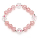 Wholesale Lovely Style Single Strand Round Rose Quartz Elastic Bracelet with Clear Ctystal Lotus and Sterling Silver Beads