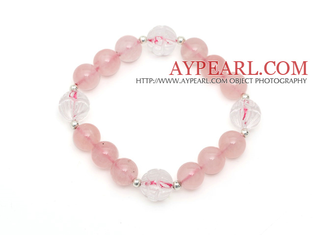 Lovely Style Single Strand Round Rose Quartz Elastic Bracelet with Clear Ctystal Lotus and Sterling Silver Beads