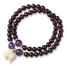 Wholesale Charming Two Strands Round Garnet Beads Bracelet with Amethyst Beads and Elephant Accessory