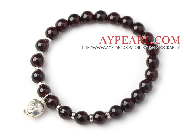 Charming Simple Style 7mm Round Garnet Beads Bracelet with Sterling Silver Pig Accessory