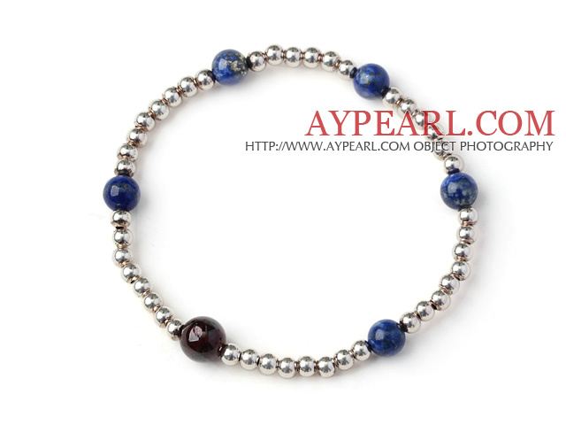 Simple Style Single Strand Round Lapis and Garnet and Sterling Silver Beads Bracelet