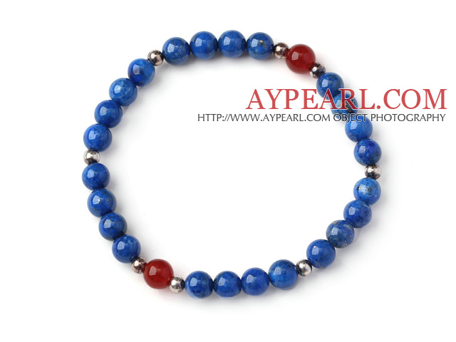 Simple Style Single Strand 6mm Round Lapis Beads Bracelet with Sterling Silver Beads and Faceted Carnelian