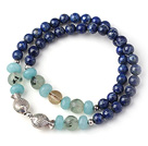 Wholesale New Popular Two Strands Round Lapis Beads Bracelet with Blue Jade Prehnit and Sterling Silver Kissing Fish