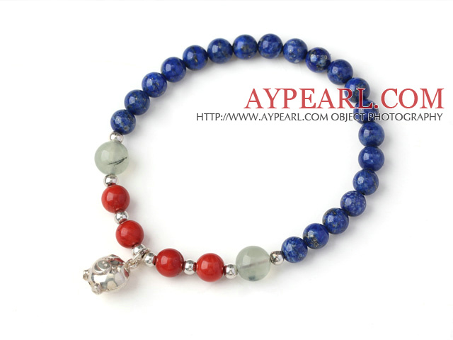 Cute Single Strand Round Lapis Beads Bracelet with Prehnit Coral and 925 Sterling Silver Pig Accessory